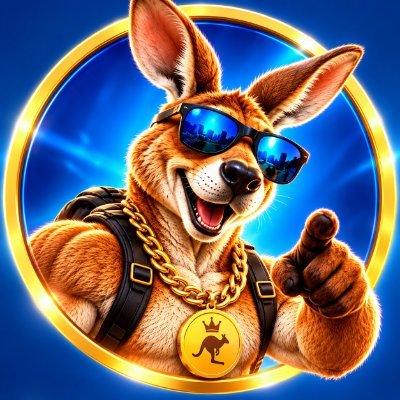 KANGOO, an orange kangaroo in sunglasses and a gold chain, pointing forward inside a glowing gold circle